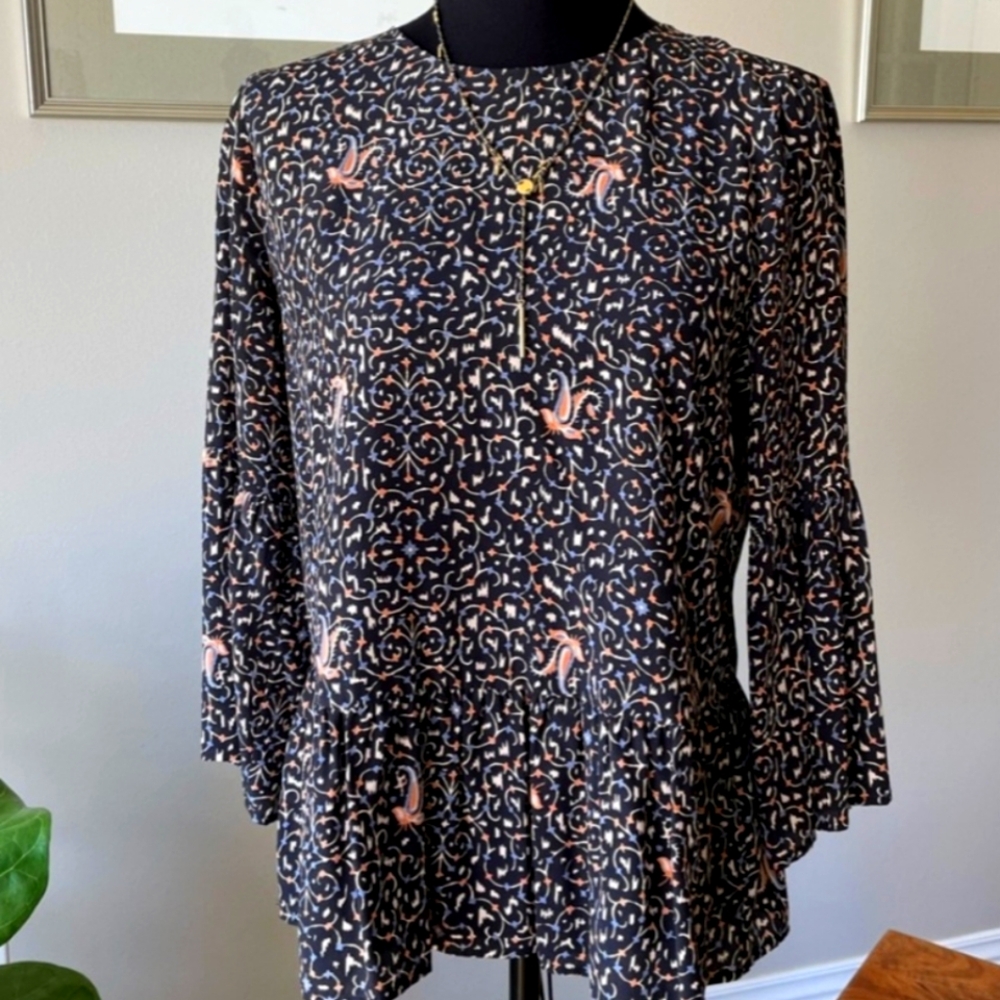 Madewell Silk Fiesta Paisley Bell-Sleeve Blouse Womens Large. Excellent Conditio